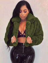 Women's Faux Fur Crop Jacket – Elegant Open Front Lapel Shaggy Fluffy Short Jacket