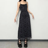 Gothic Bohemian Bedrucktes Kleid | Vintage Grunge Bedrucktes Schwarzes Y2K Langes Kleid