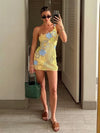 Gelbes, gestricktes Blumen-Mini-Kleid für Damen, sexy, schulterfrei und rückenfrei