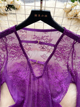 Sexy Deep V-Neck Lace Playsuit Long Flare Sleeve Hollow Out Open Crotch Bodysuit Romper