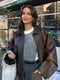 Women’s Lace-Up Faux Leather Jacket – Loose Fit Turn-Down Collar Moto Coat