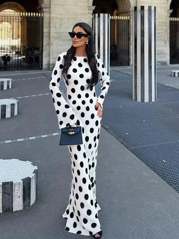 Women’s White Polka Dot Maxi Dress – Casual Slim Fit O-Neck Dress