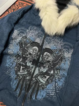 Vintage Y2K Hoodie mit Totenkopf-Print und Reißverschluss für Damen | Subkulturelle Ästhetik Kapuzen-Cardigan-Mantel | Herbst Winter Sweatshirt