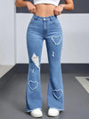 Women Y2K Blue Stretchy Heart Shaped Flared Jeans High Waist Retro Fashion