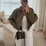 High Street Fashion Suede Bomber Coat - Lapel Long Sleeve Winter Jacket
