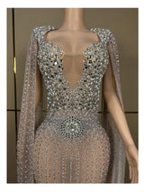 Luxury Sparkling Champagne Evening Gown – Large Crystal Transparent Long Train Dress