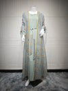 Muslim Women’s 2-Piece Abaya Set for Eid | Embroidered Open Cardigan and Lace-Up Inner Dress