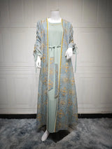Muslim Women’s 2-Piece Abaya Set for Eid | Embroidered Open Cardigan and Lace-Up Inner Dress