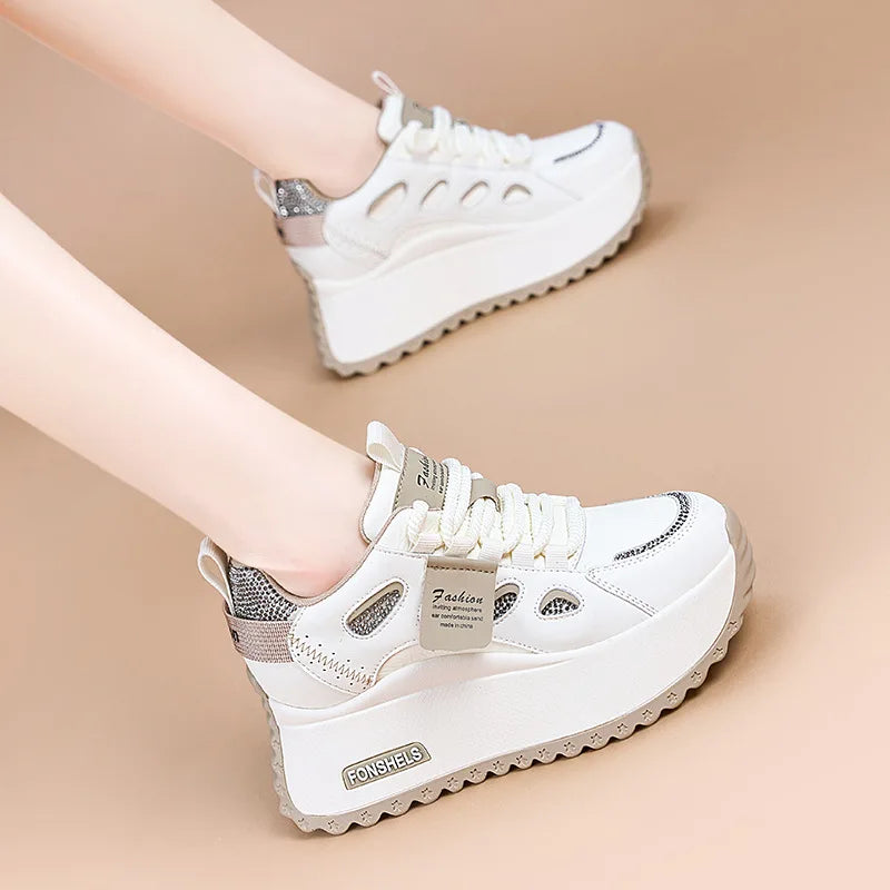 Women’s Leather Hidden Heel Sneakers – 7cm (3 Inch) Platform Wedge Shoes