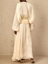 Women’s Elegant Spliced Fold Dress – Solid Loose Patchwork Midi, Round Neck Long Sleeve Lace-Up Dress