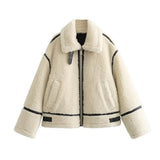 The Aspen Aviator: Beige Integrated Artificial Fur Moto Jacket – European Luxury Faux Fur Biker Coat