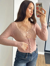 Women’s Elegant Lace Patchwork Cardigan – Chic V-Neck Slim Knit Sweater