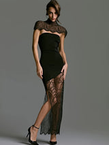 Women’s Sexy Strapless Sheer Lace Two-Piece Set – Turtleneck Hollow-Out Patchwork Dress