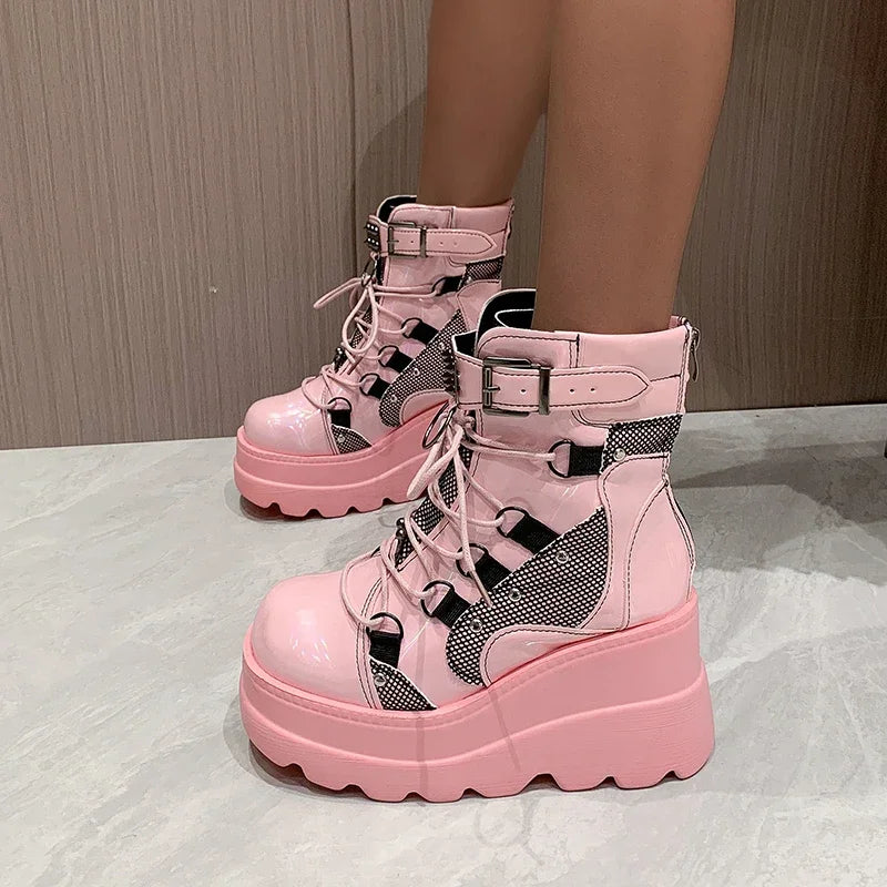 Women’s Gothic Belt Buckle Platform High Wedge Zip Punk Cosplay Ankle Boots