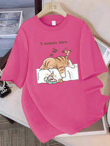 Damen-T-Shirt „Always Tired“ mit minimalistischem Schlafkatzen-Print aus 100 % Baumwolle und lockerem Schnitt
