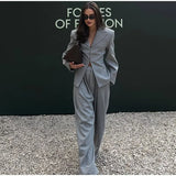 V-Neck Blazer & Wide-Leg Pants Set | Women’s Single-Breasted Pocket Jacket & Trousers