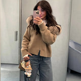 Damen Winter Flauschige Kapuzen-Strickjacke – Reißverschluss Patchwork Strickjacke