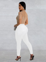 Sexy schwarzer Mesh-Overall – Glitzernder Strass-Bodycon-Einteiler