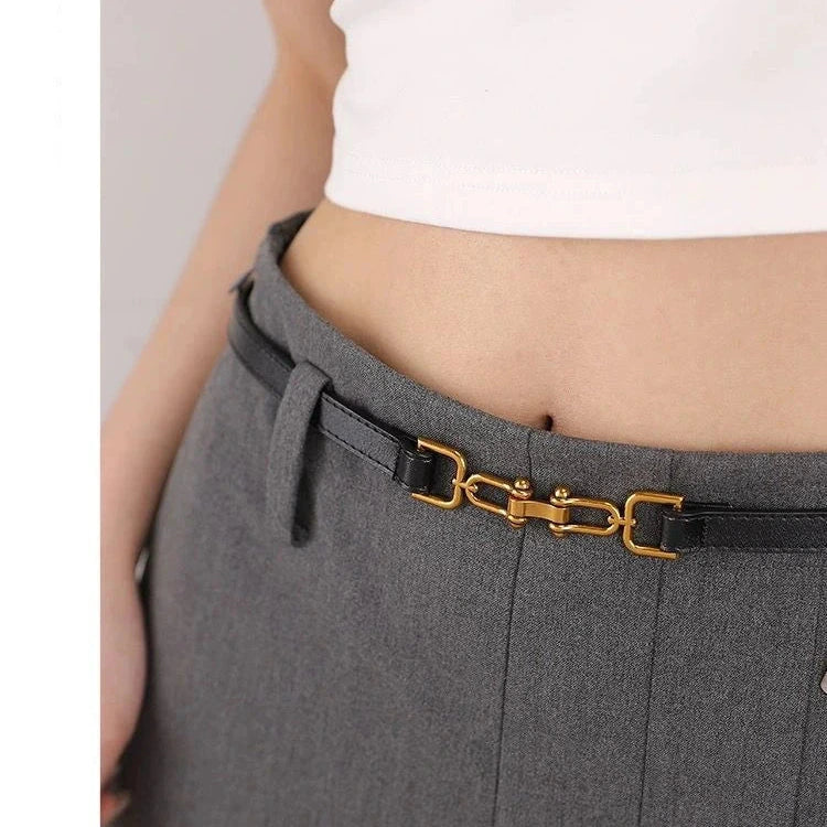 Damen Luxus Ledergürtel – Dünner unifarbener Taillengürtel mit Vintage Metallschnalle