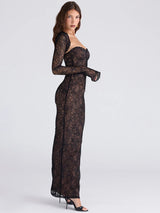 Damen sexy schwarzes Spitzenkleid mit langen Ärmeln – Abendkleid & Partykleid mit tiefem Brustbereich und Blumenmuster