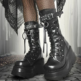 Women's Goth Platform Black Lace-Up Combat Boots – Punk Wedge High Heels with Rivet Buckle