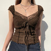 Damen Braunes Spitzen-Croptop Y2K Schleifen-Quadratkragen Sommer Kurzarm-Top