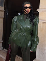 Women’s Vintage Leather Street Jacket with Belt – Oversized Loose Fit Lapel Moto Jacket