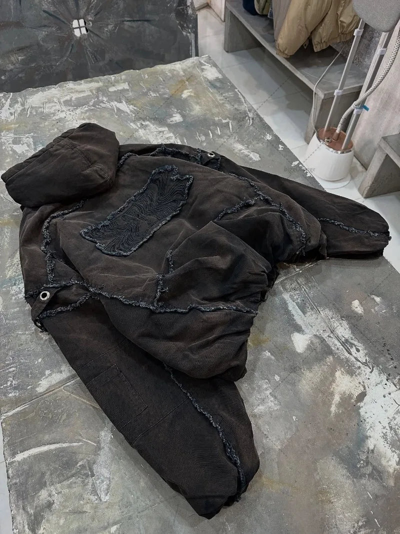 Unisex Punk High Street Destruktiver Kapuzenpullover – Besticktes Whiskers Reißverschluss-Sweatshirt