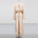 Women’s Elegant Spliced Fold Dress – Solid Loose Patchwork Midi, Round Neck Long Sleeve Lace-Up Dress