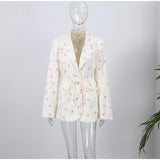 Elegant Flower Printed Coat Women's Lapel Single Button Long Sleeve Lace Up Blazer