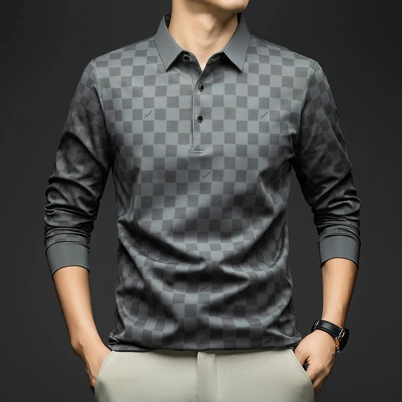 Herren Langarm-Polohemd – Business Casual Slim Fit Karo T-Shirt
