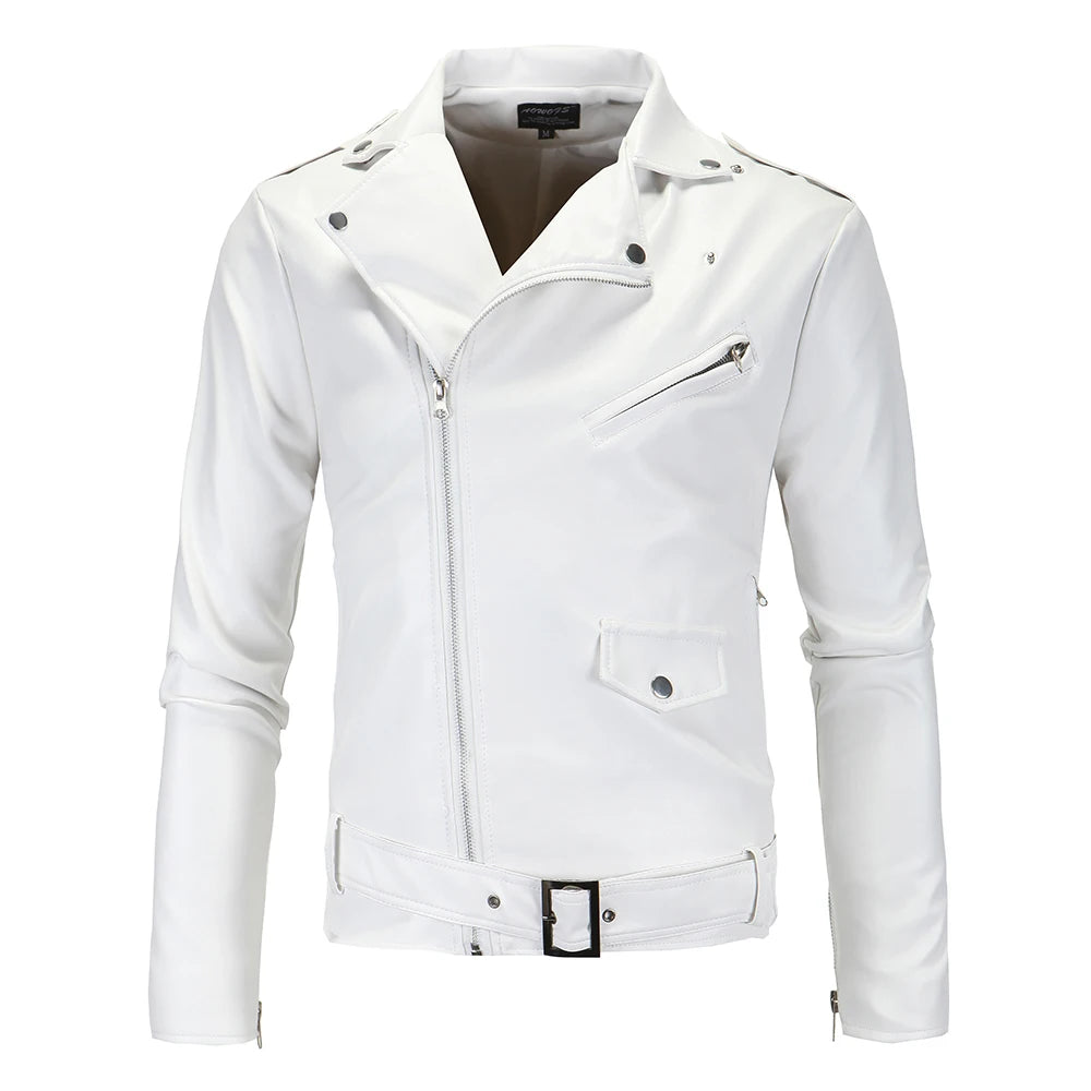 Men’s Slim Fit White Leather Jacket – Oblique Zipper Motorcycle Moto Biker Coat