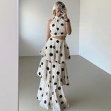 Elegant White 2-Piece Dress Set – Polka Dot Sleeveless Top & Ruffle Pleated Maxi Dress