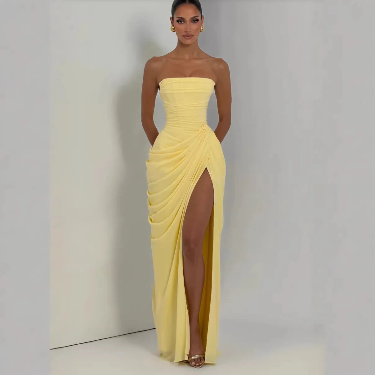 Women’s High Split Strapless Ruched Maxi Dress
