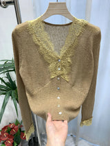 Women’s Elegant Lace Patchwork Cardigan – Chic V-Neck Slim Knit Sweater