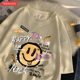 Cute Smiling Face Graffiti T-Shirt - Women's Fun Graphic Cotton Tee