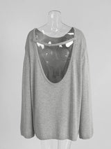 Damen rückenfreier, locker gestrickter Pullover – Lässiger, eleganter Langarm-Patchwork-Pullover