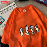 Niedliche Katzen mit Fisch Baumwoll-T-Shirt | Lustiges Cartoon-Grafik-T-Shirt für Damen