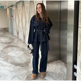 Damen 2-teiliger Denim-Anzug – Y2K Schnür-Reversjacke & Straight Leg Jeans Set