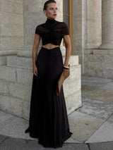 Women’s Sexy Hollow-Out Turtleneck Maxi Dress Short Sleeve Elegant Party & Evening Gown