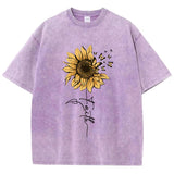 Sonnenblumen- und Schmetterlings-T-Shirt aus gewaschener Baumwolle | Vintage-Grafik-T-Shirt für Damen in Schwarz
