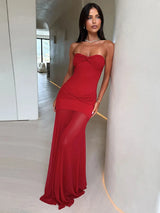 Women’s Ruched Strapless Long Dress – Sexy Sleeveless Mesh Splice Maxi