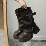 Damen Winter Biker Boots – Elegante Plateau Flache Mode Gürtelschnalle Knight Boots