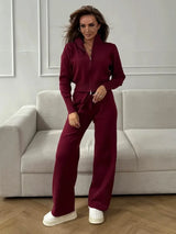 Damen 2-teiliges geripptes Strick-Loungewear-Set – Trendiger Cardigan in schmaler Passform und Hose mit weitem Bein