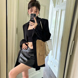 Women’s Korean Style Loose Blazer – Spliced Pocket Single-Breasted Jacket with Removable Belt