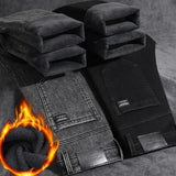 Herren Warme Winterjeans – Schmale, gerade geschnittene Jeans mit Fleecefutter
