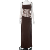 Damen Frühling Spitze Langes Kleid – Sexy Durchsichtiges Spaghettiträger-Kleid