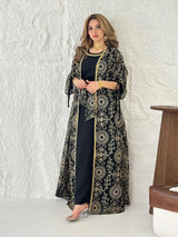 Muslim Women’s 2-Piece Abaya Set for Eid | Embroidered Open Cardigan and Lace-Up Inner Dress