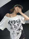 Women’s 100% Cotton White Butterfly T-Shirt – Y2K Vintage Oversized Off-Shoulder Short Sleeve Summer Top
