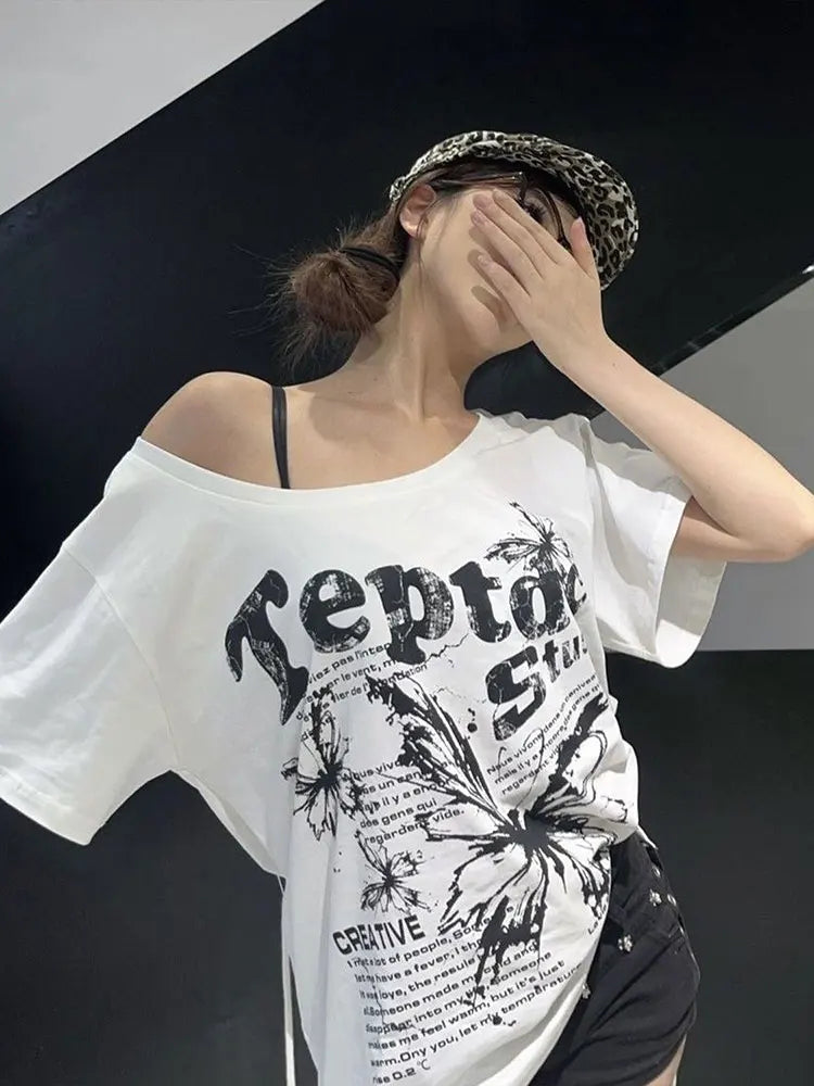 Women’s 100% Cotton White Butterfly T-Shirt – Y2K Vintage Oversized Off-Shoulder Short Sleeve Summer Top